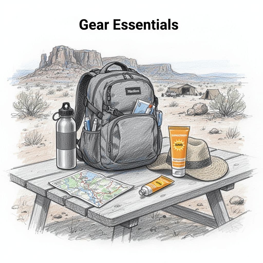 Hand-drawn graphite sketch of a backpack stocked with essentials like water bottle, map, hat, and sunscreen on a picnic table at a Chisos Basin desert campground. Simple linework with light shading and subtle blues and grays on a white background.