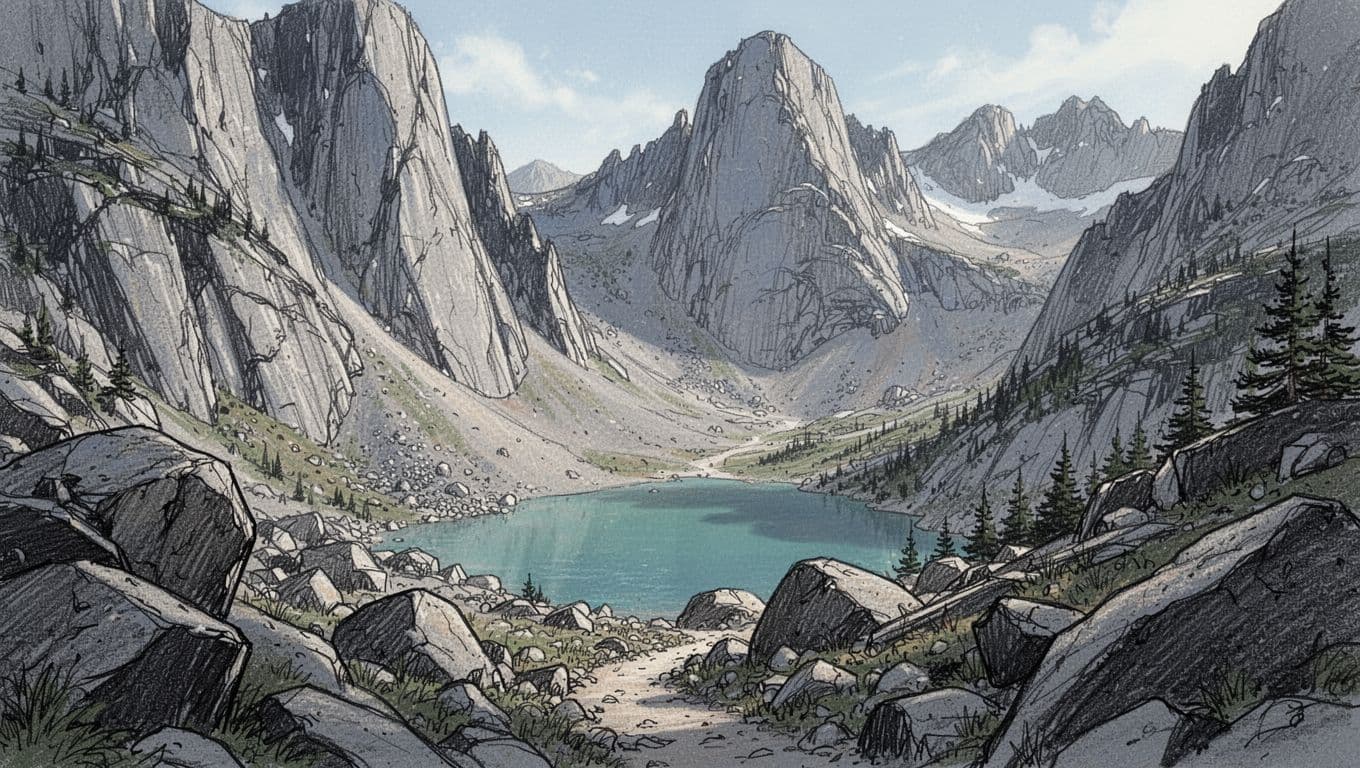 Dramatic hand-drawn graphite sketch of the granite cirque in Wyoming's Wind River Range, with sheer peaks surrounding a turquoise lake, steep trails, and climbers' boulders in the foreground. Dynamic upward composition features light shading in blues, grays, and blacks with blue accents on rock edges, set against a white background.