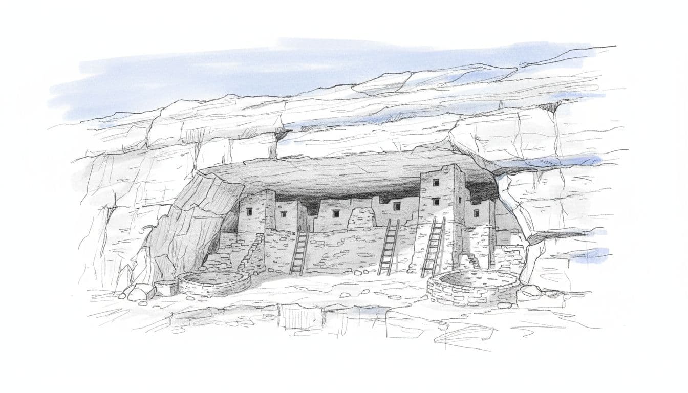 Hand-drawn graphite sketch of ancient Ancestral Puebloan Cliff Palace dwellings carved into a rocky canyon wall, featuring ladders and stone structures, viewed from below in a sunny Southwest desert setting with light shading in blues, grays, and blacks on white background.