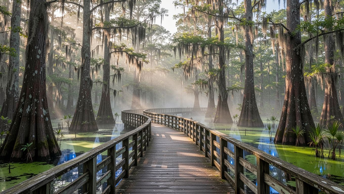 Wooden boardwalk curves through misty bald cypress and tupelo swamp with dappled sunlight on moss-draped trees.