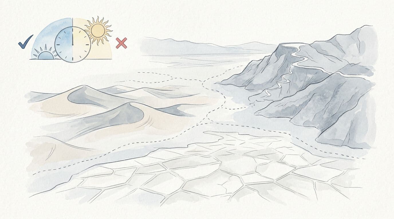 Hand-drawn illustration of Death Valley landmarks including Badwater Basin salt flats, Mesquite Flat Sand Dunes, and Dante's View, featuring a sun path motif for morning versus afternoon light timing. Cool blue-grey palette with pencil and watercolor texture evokes a calm winter atmosphere.