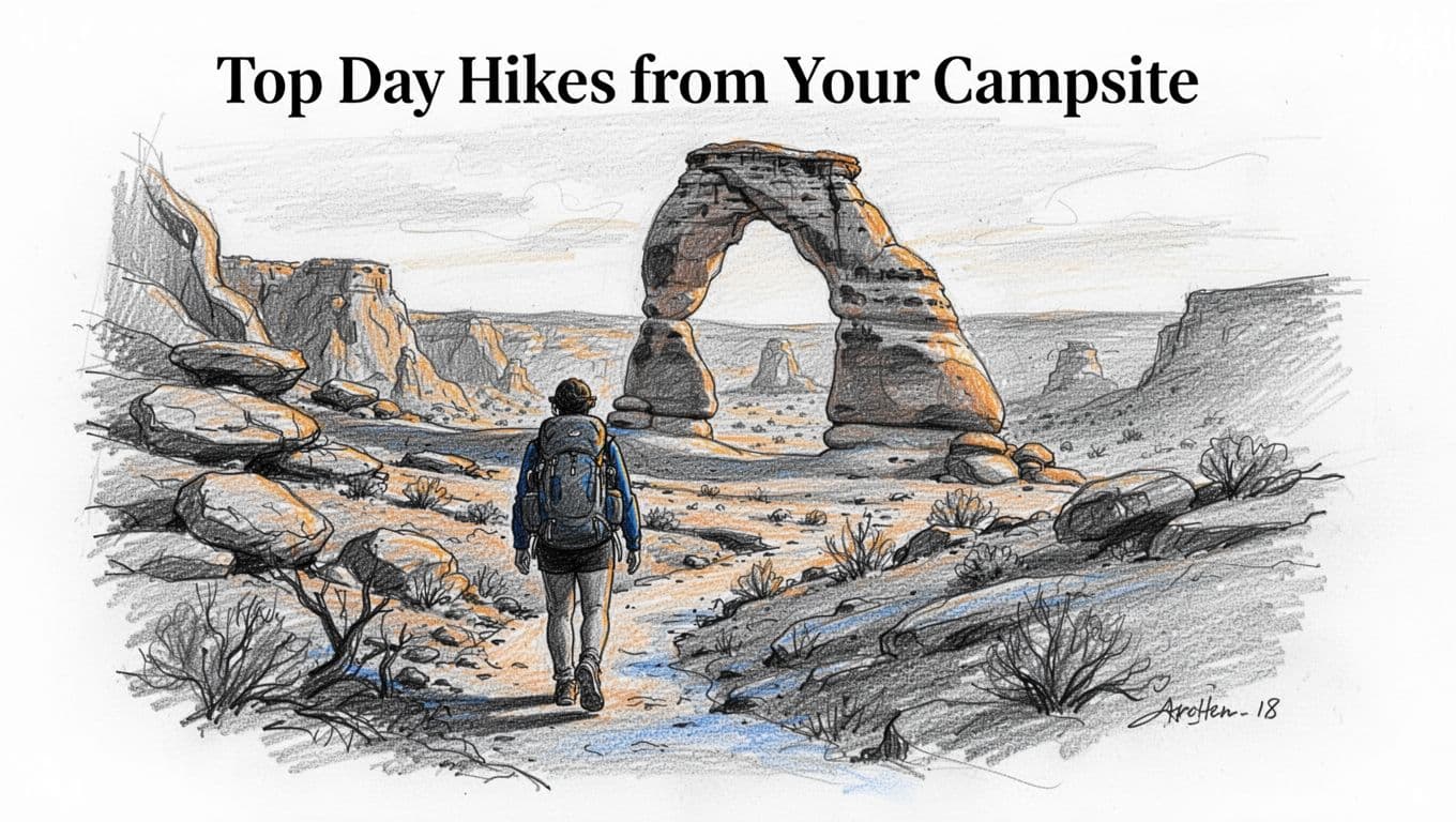 Hand-drawn sketch of a backpacker on a desert hiking trail with Delicate Arch in the distance, featuring rocky terrain, warm light on rocks, graphite lines, light shading, and blue shadow accents on white background.