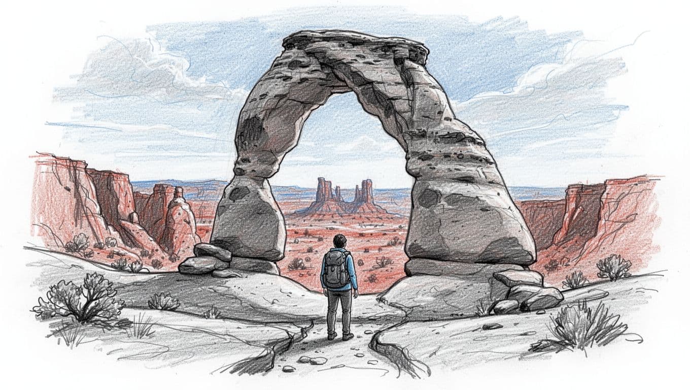 Hand-drawn sketch of a single hiker with backpack standing under the massive Delicate Arch in Arches National Park, featuring slickrock trail foreground, red rock canyon backdrop, and distant mesas under clear sky.