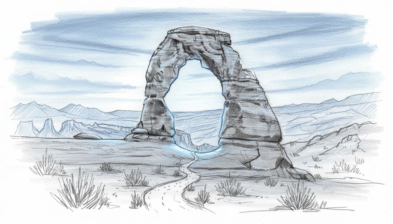 Detailed hand-drawn graphite sketch of Delicate Arch in Arches National Park, Utah, against a sunset sky with a trail leading to the arched rock formation, distant mountains, and sparse vegetation.