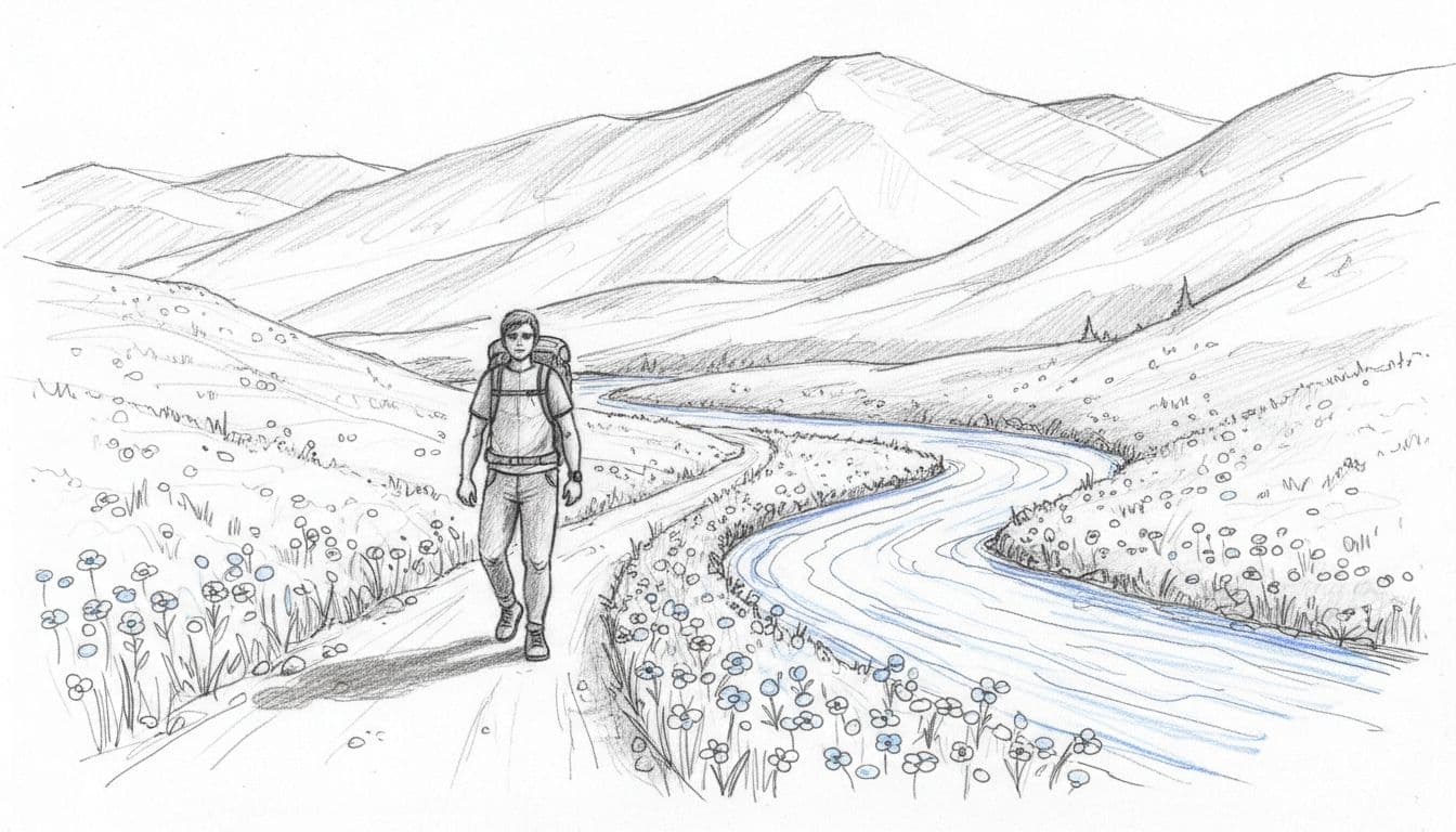Graphite linework sketch of a single relaxed hiker on an easy trail in Denali with wildflowers, a blue river, and rolling hills background on white.