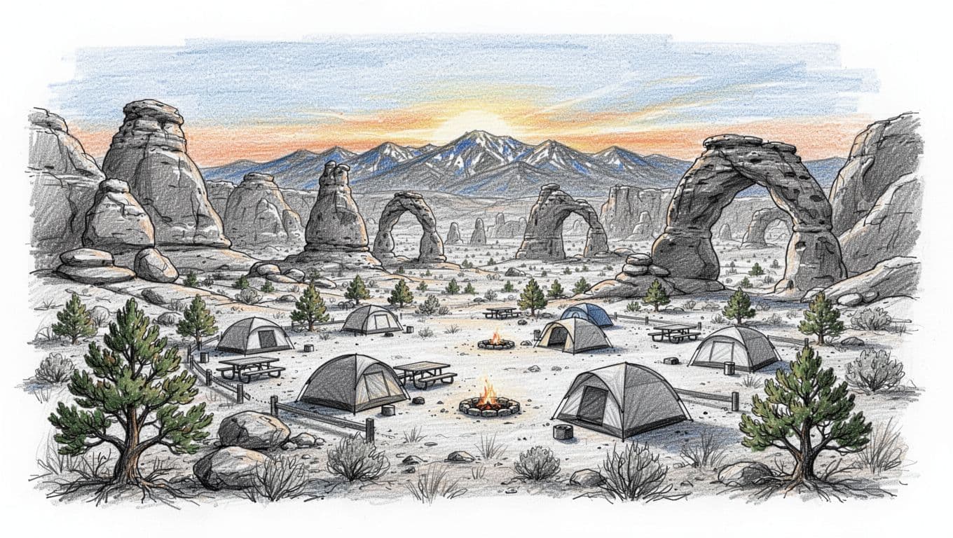 Hand-drawn graphite sketch of Devils Garden campground in Arches National Park, surrounded by sandstone fins and arches, with tents, picnic tables, piñon pines, junipers, and distant La Sal mountains in sunset glow.