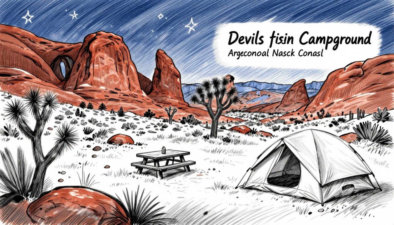 Hand-drawn graphite sketch of a serene campsite at Devils Garden in Arches National Park at dusk, featuring one tent near a picnic table amid red rock arches, Joshua trees, and emerging stars.