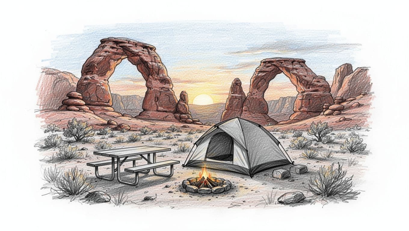 Hand-drawn graphite sketch of a single tent campsite at Devils Garden in Arches National Park, featuring red rock arches, picnic table, fire ring, and desert landscape with soft sunset glow and subtle blue sky accents on white background.