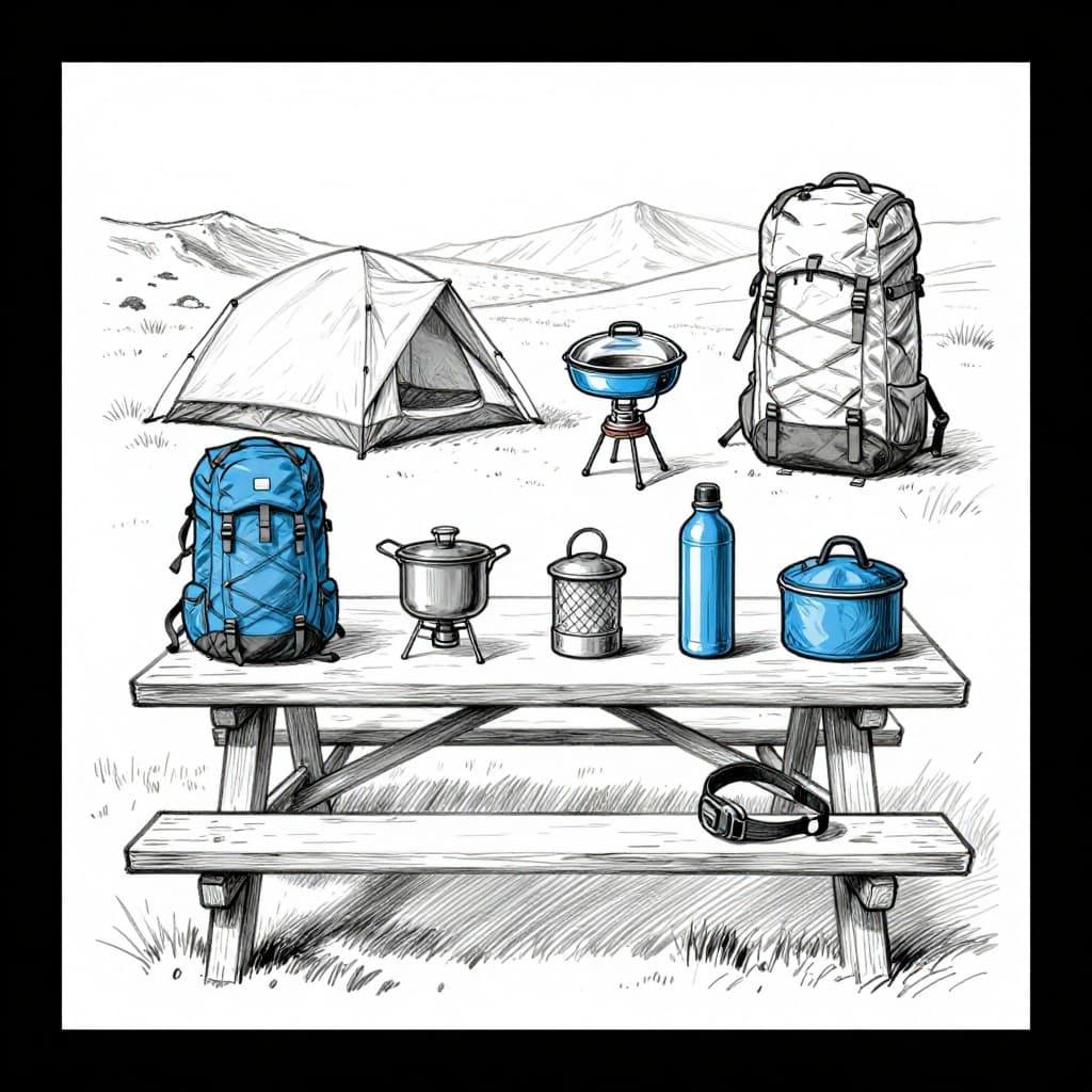 Hand-drawn graphite sketch of key camping essentials including tent, backpack, stove, water bottles, and headlamp, organized in a flat lay on a picnic table at a desert campground.