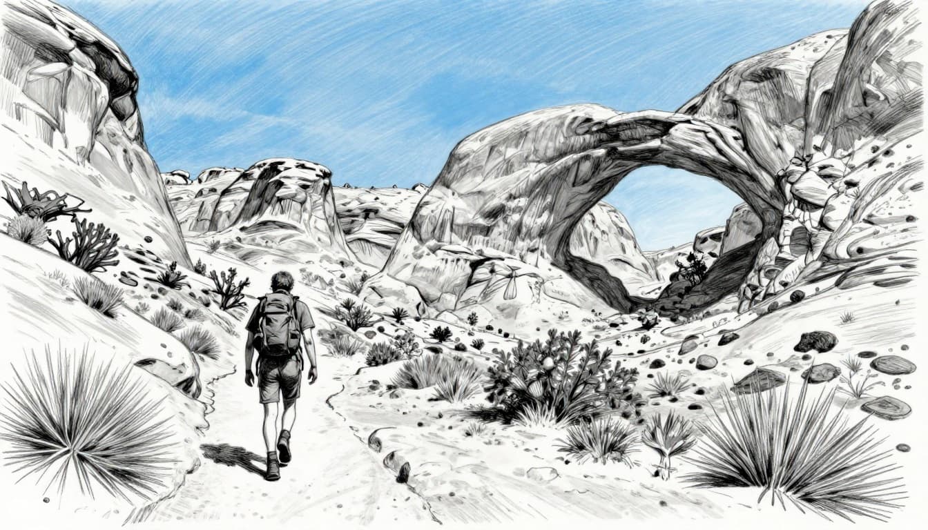 Hand-drawn graphite sketch of a single hiker from behind walking the Devils Garden trail, with iconic arches, desert scrub, and rock formations in the background. Features dynamic trail view using light shading in blues, grays, and blacks on a white background.