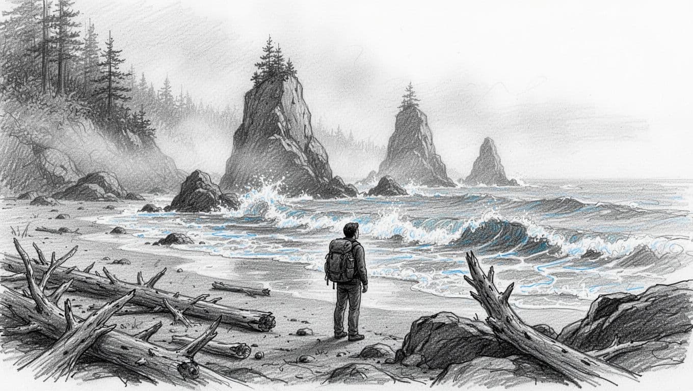 Hand-drawn graphite sketch of a dramatic Pacific coastline beach with towering sea stacks, crashing waves, scattered driftwood, and one hiker with backpack on the rocky shore gazing at the foggy ocean under an overcast sky.