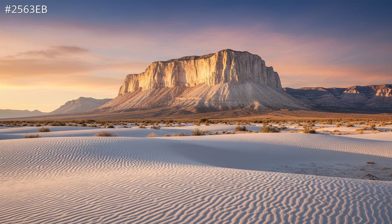 Bukit pasir gipsum di latar depan dengan tebing batu kapur El Capitan yang menjulang tinggi di latar belakang di bawah sinar matahari sore yang keemasan.