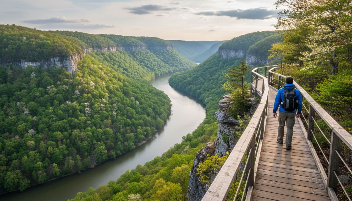 Pejalan kaki berjalan di sepanjang jalan setapak di tepi tebing yang menghadap New River Gorge dan sungai di bawahnya di tengah hutan mata air yang hijau.