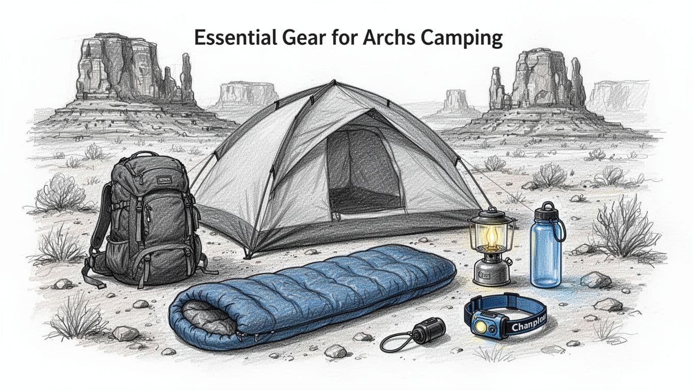 Hand-drawn top-down sketch of essential camping gear, tent, backpack, sleeping bag, stove, water bottles, headlamp, neatly arranged on desert ground with rock formations background, graphite linework and blue highlights.