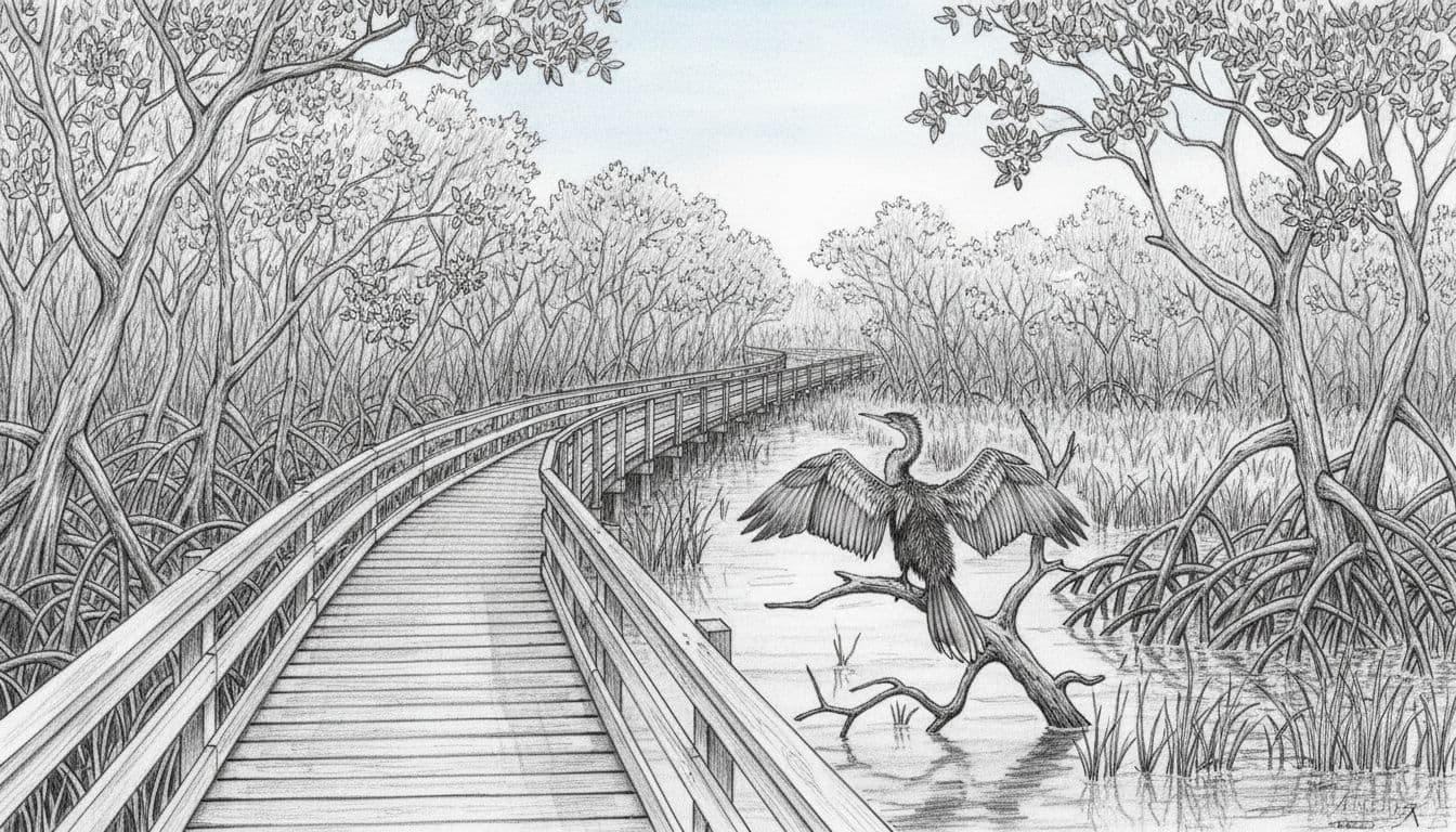 Hand-drawn graphite sketch of a wooden boardwalk trail winding through mangrove forest in the Everglades, featuring an anhinga bird perched nearby with wings spread to dry in serene morning light, surrounded by sawgrass and water.