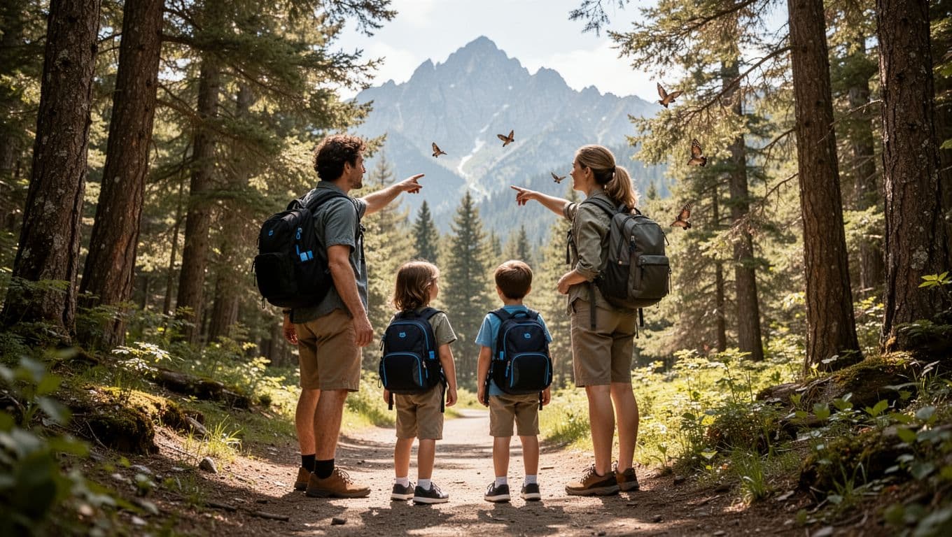 Hand-drawn graphite sketch of a family of two adults and two children hiking a serene forested trail, kids with small backpacks, parents pointing at wildlife, distant mountain backdrop, accented in blue.