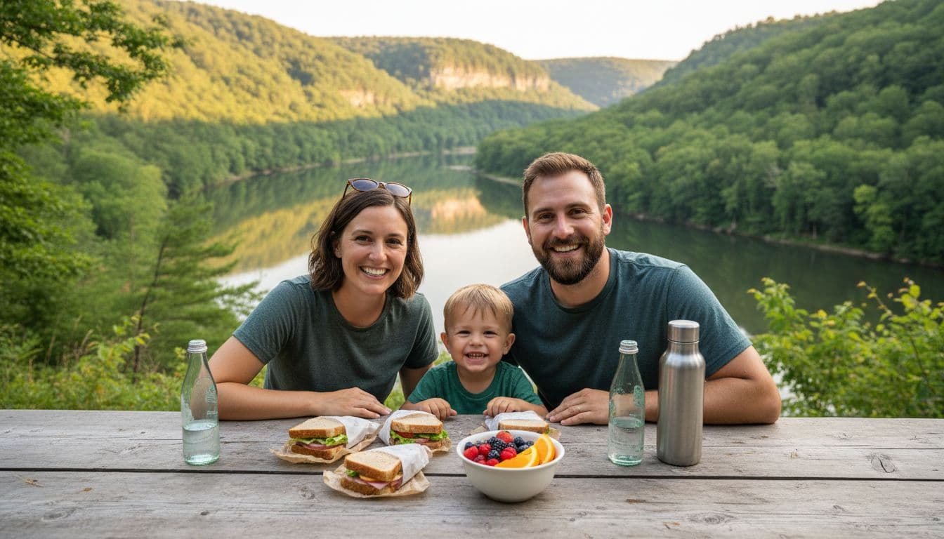 Keluarga tersenyum yang terdiri dari dua orang dewasa dan satu anak berpiknik di meja kayu tepi sungai dengan sandwich, buah, dan air; Sungai Baru yang tenang dan tepian hutan di belakangnya.