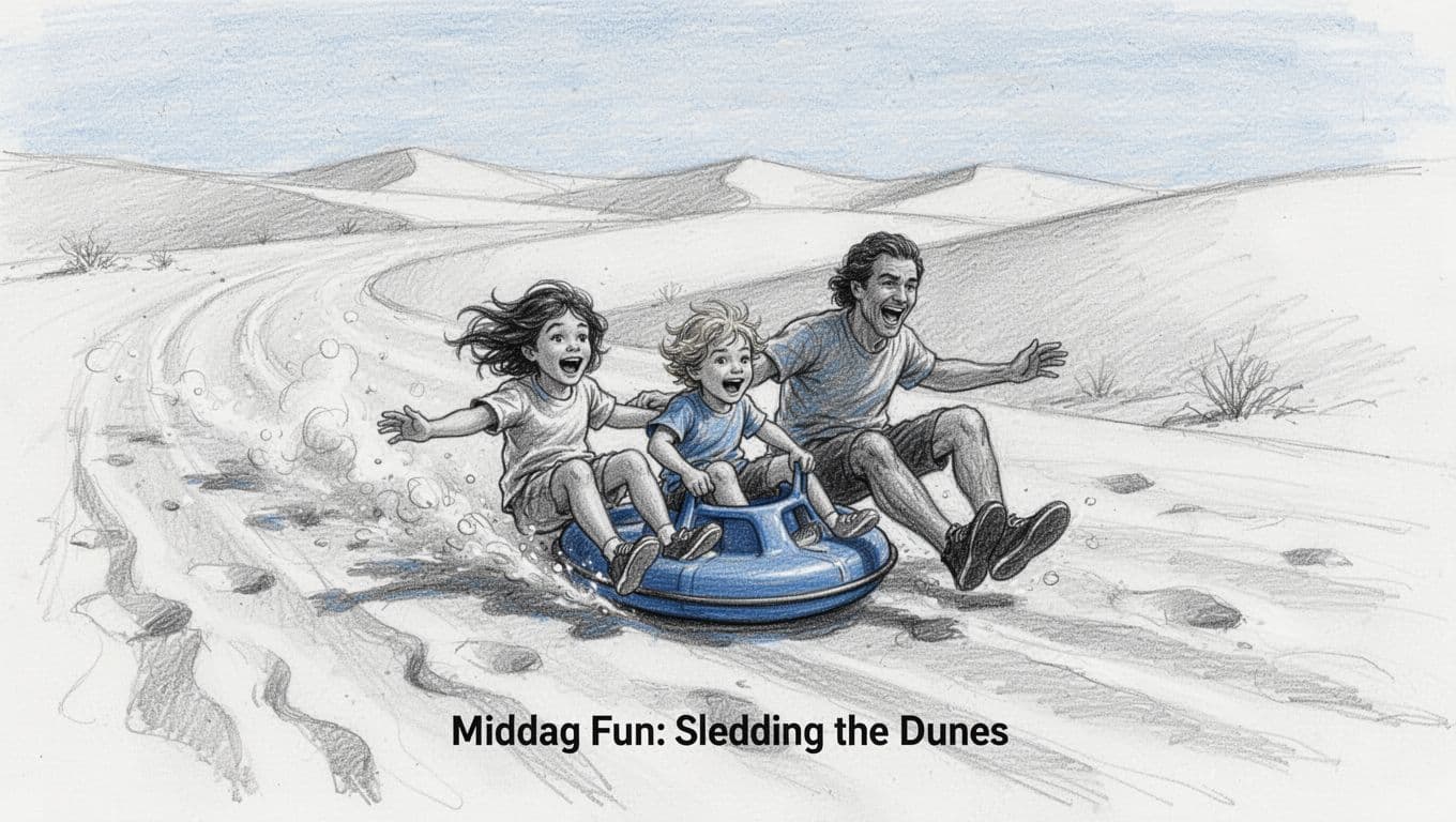 Hand-drawn sketch of a family of three excitedly sledding down curving gypsum dunes in White Sands National Park on a plastic saucer under bright daylight with soft shadows.