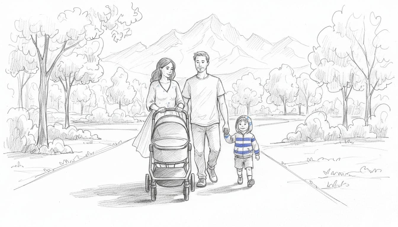 Hand-drawn graphite sketch of a family of three pushing a stroller along a smooth, wide paved trail through a lush green park with distant mountains; one child walks beside holding a parent's hand in relaxed poses.