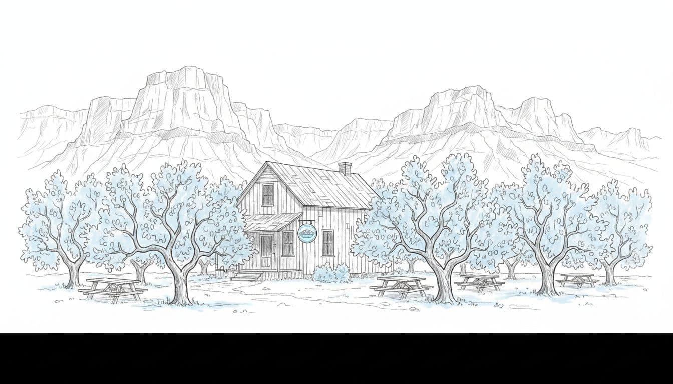 Hand-drawn graphite sketch of the Gifford Homestead, an old wooden house with subtle pie sign, surrounded by apple orchard and picnic tables against mountain backdrop. Features light shading in blues and grays with #2563EB tree accents on white background, landscape view, no people or text.