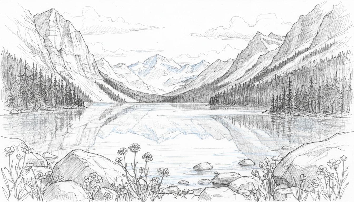 Hand-drawn graphite sketch of a serene alpine lake nestled between rugged Montana peaks, with crystal-clear water reflecting granite cliffs and evergreen forests, foreground wildflowers and boulders, under a partly cloudy sky.
