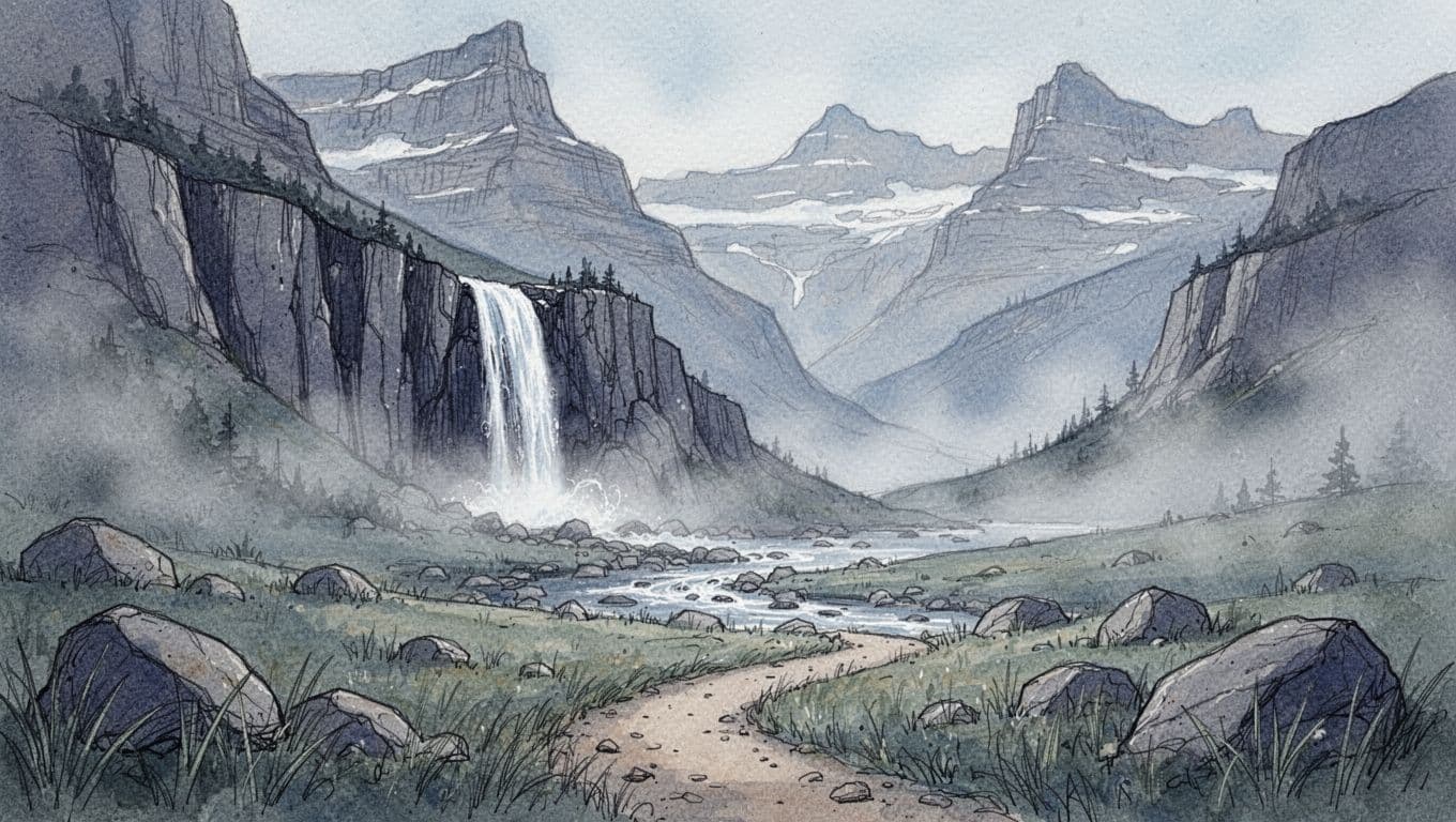 Hand-drawn illustration in cool blues and greys depicting a wide glacial valley in Glacier National Park, with a modest waterfall cascading down basalt rocks into a winding stream and a foreground dirt trail amid grasses and boulders. Dramatic misty mountains emphasize a serene, solitary atmosphere.