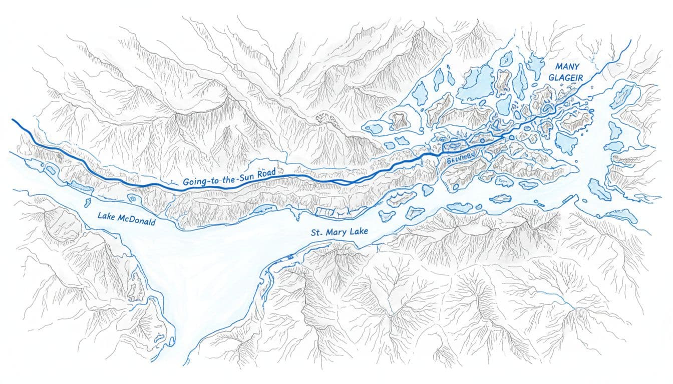 Hand-drawn graphite linework sketch of Glacier National Park map with light shading, highlighting key areas like Going-to-the-Sun Road, Lake McDonald, St. Mary Lake, and Many Glacier, using blues, grays, and blacks on a clean white background.