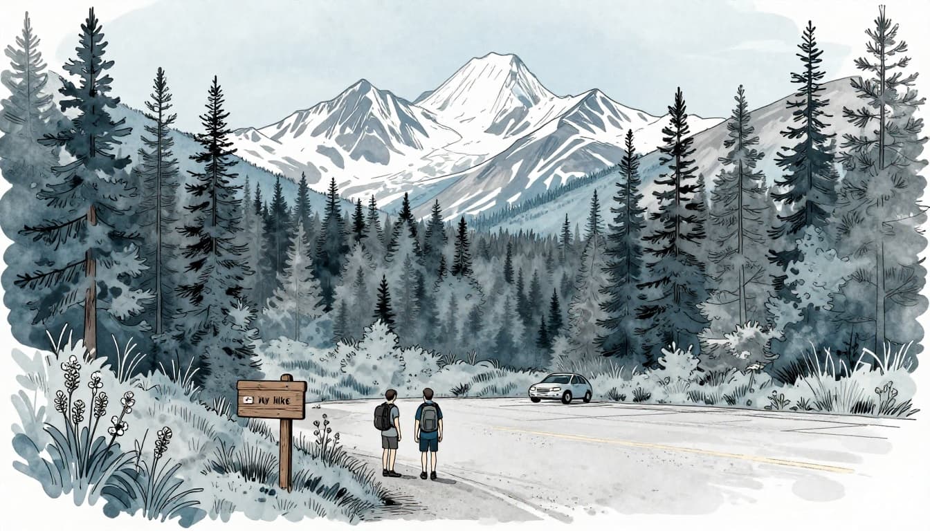 Hand-drawn illustration in cool blues and greys depicting two hikers with backpacks at a quiet Glacier National Park trailhead, featuring a wooden signpost, gravel parking lot with one car, evergreen trees, wildflowers, and distant snow-capped peaks under a clear sky.