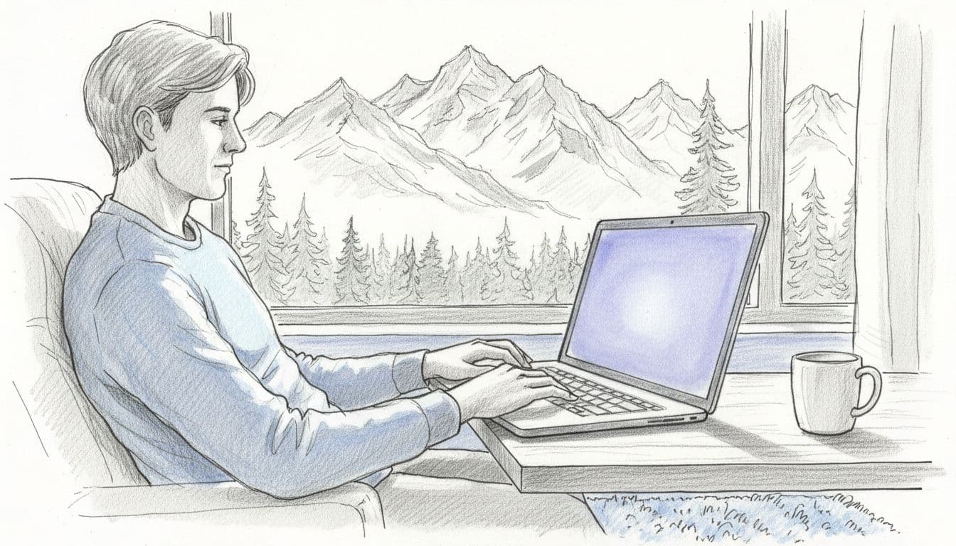 Hand-drawn graphite sketch depicts a single person relaxed at a laptop booking online reservations for Glacier National Park, with screen angled away showing no text, coffee mug nearby, in a cozy home with mountain view window.
