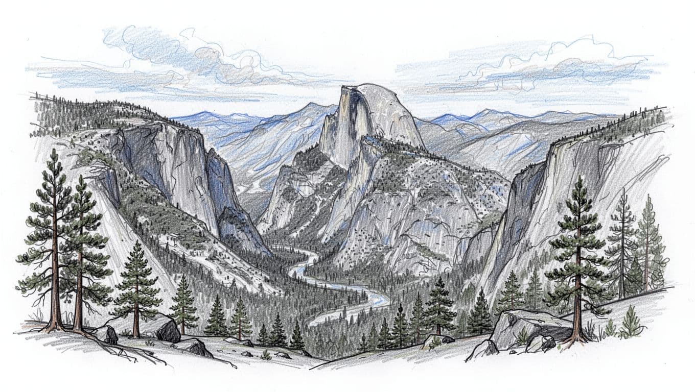 Sweeping panoramic view from Glacier Point featuring Half Dome across Yosemite Valley with sheer granite cliffs and pine trees in a hand-drawn graphite sketch style.