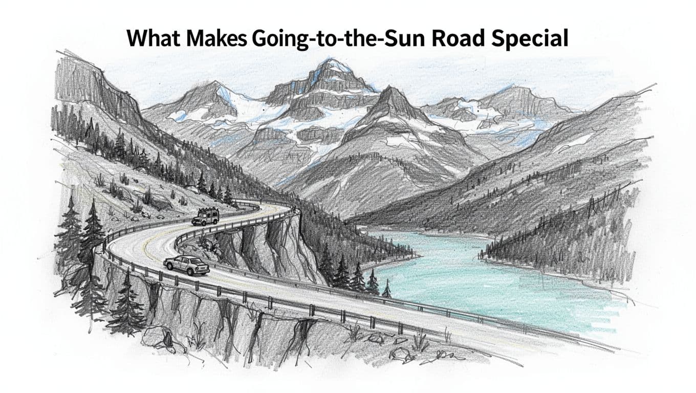 Hand-drawn graphite sketch of a vehicle driving the iconic Going-to-the-Sun Road through Glacier National Park's mountains, with turquoise lake below and snowy peaks in background. Simple side-view composition with light shading, blues, grays, and blacks on white.