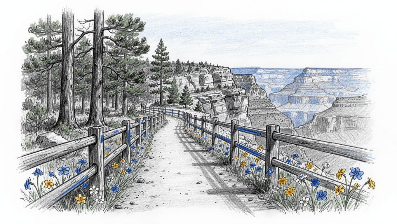 Hand-drawn graphite sketch of a gentle, beginner-friendly rim trail at Grand Canyon North Rim, featuring wooden railing, pine forest, canyon views, and wildflowers, with blue accents on a clean white background.