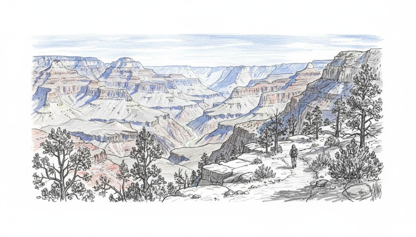 Hand-drawn graphite sketch of a wide Grand Canyon North Rim vista with layered red rock canyons, foreground pine trees, distant river glimpse, clear sky, and one hiker on the trail.