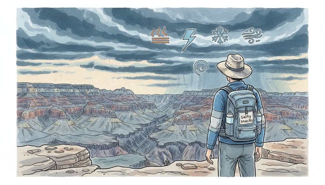 Hand-drawn illustration in cool blues and slate greys showing a hiker with daypack, water bottles, snacks, sun hat, and layers at the Grand Canyon rim. Icons for heat wave, lightning, ice crystal, and wind gust appear against dramatic clouds.