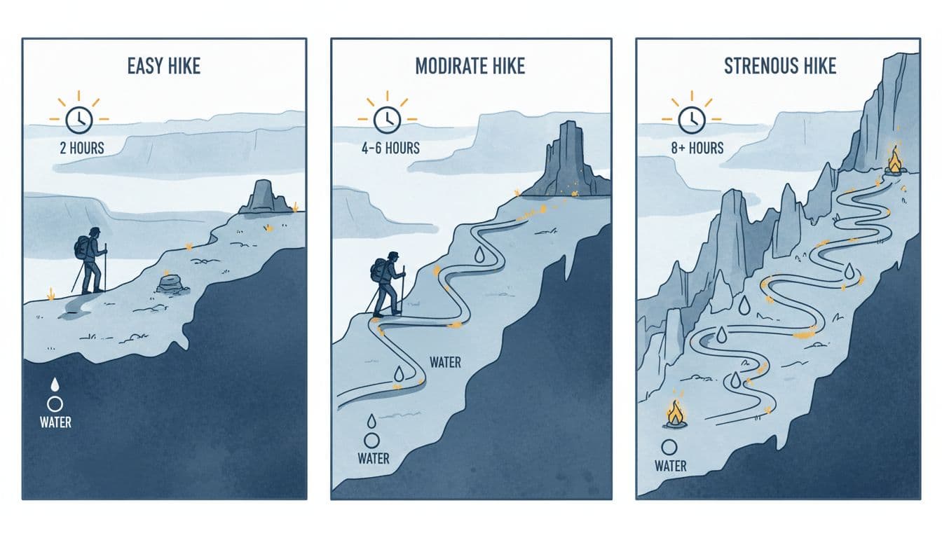 Hand-drawn illustration storyboard with three panels depicting easy, moderate, and strenuous day hikes on the Grand Canyon South Rim, featuring hiker figures, elevation profiles, turnaround points, and water stops in cool blues and greys.