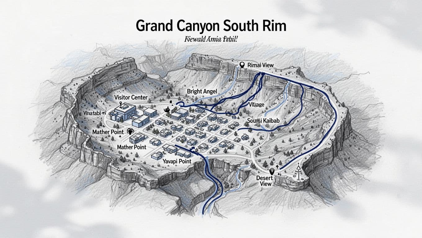 Detailed hand-drawn sketch map of Grand Canyon South Rim key areas including Visitor Center, Mather Point, Bright Angel Trailhead, South Kaibab Trailhead, Yavapai Point, Desert View, major viewpoints, and rim trail paths. Top-down overview centered on Grand Canyon Village with graphite linework, light shading, and subtle blue accents on main trails.