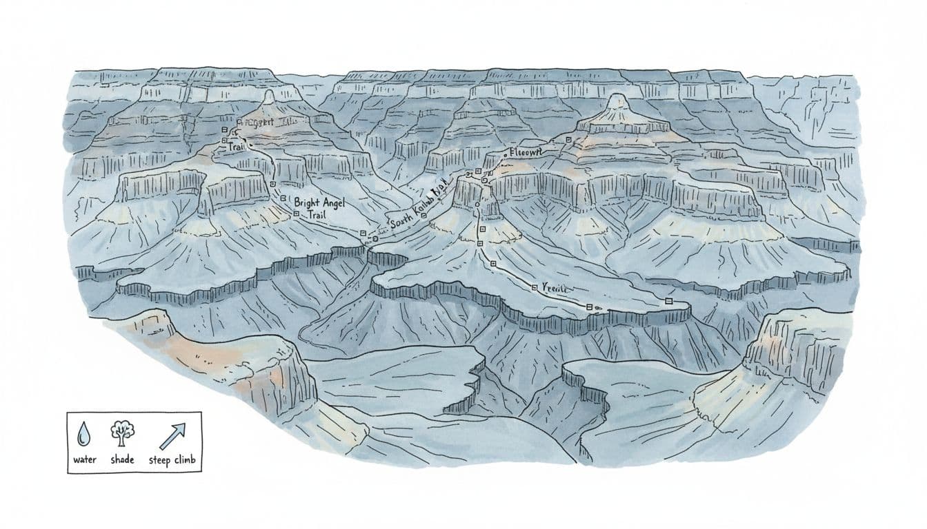Hand-drawn illustration in cool blues and greys depicting the Grand Canyon South Rim with viewpoints, Bright Angel Trail, South Kaibab Trail, Rim Trail, shuttle bus line, switchbacks, and legend icons for water, shade, and steep areas. Empty landscape composition with no people or text.