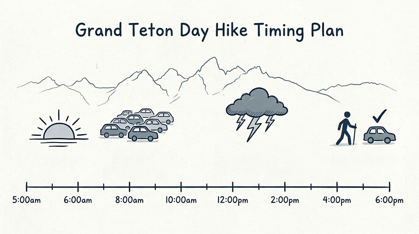Infografis gaya jurnal lapangan minimalis yang digambar tangan menampilkan garis waktu sederhana dari pukul 05.00 hingga 18.00 untuk pendakian sehari di Grand Teton, dengan ikon untuk matahari terbit, parkir, badai petir, dan kembali, dengan latar siluet Teton Range menggunakan warna biru, abu-abu, dan tekstur kertas halus.