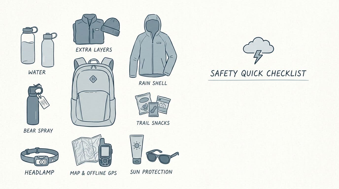 Ilustrasi gaya jurnal lapangan minimalis yang digambar tangan tentang perlengkapan penting dan daftar periksa keselamatan cepat untuk pendakian sehari di Grand Teton, menggunakan tekstur kertas biru, abu-abu, dan halus dengan ikon cuaca.