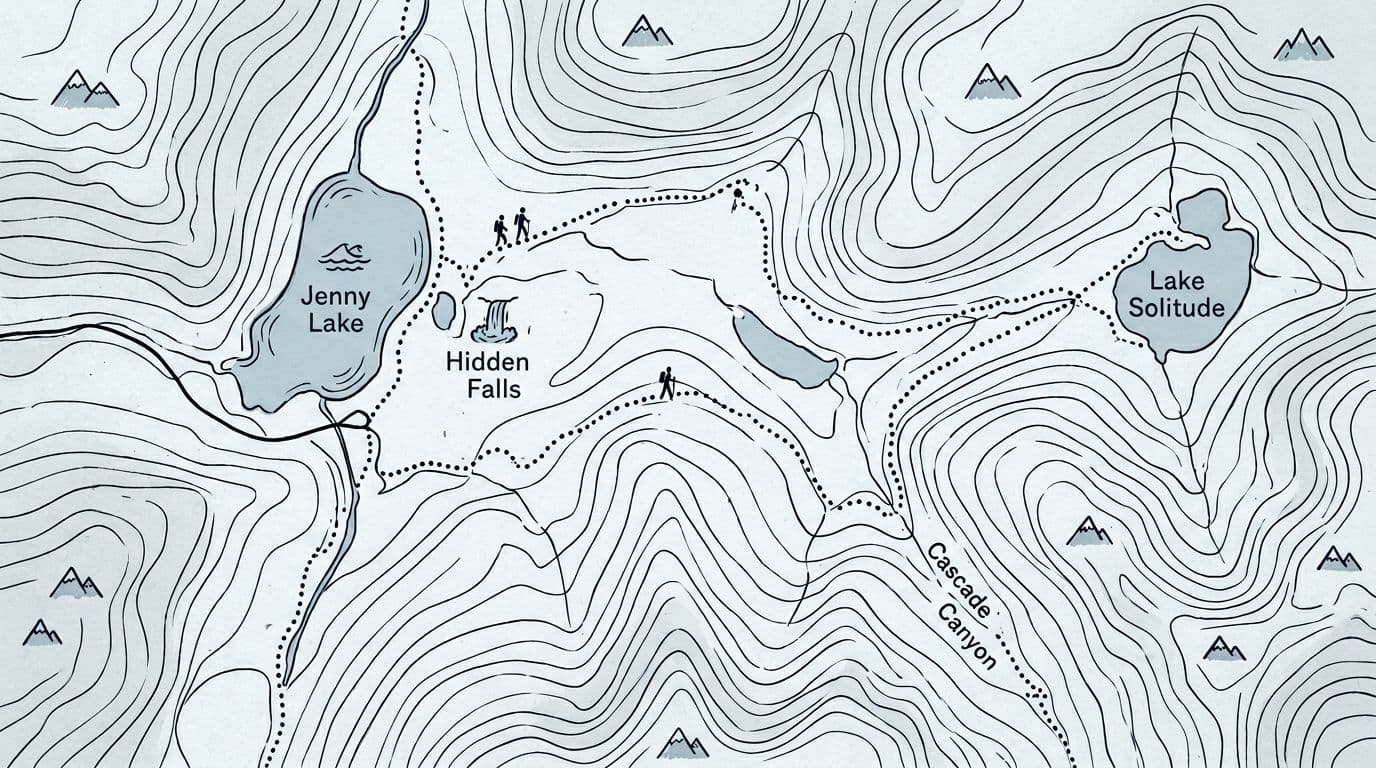 Ilustrasi gambar tangan bergaya peta jalur mini untuk area Danau Jenny di Taman Nasional Grand Teton, yang menggambarkan jalur pendakian satu hari dengan landmark termasuk Cascade Canyon, Inspiration Point, Hidden Falls, dan Lake Solitude opsional menggunakan garis kontur dan ikon sederhana.