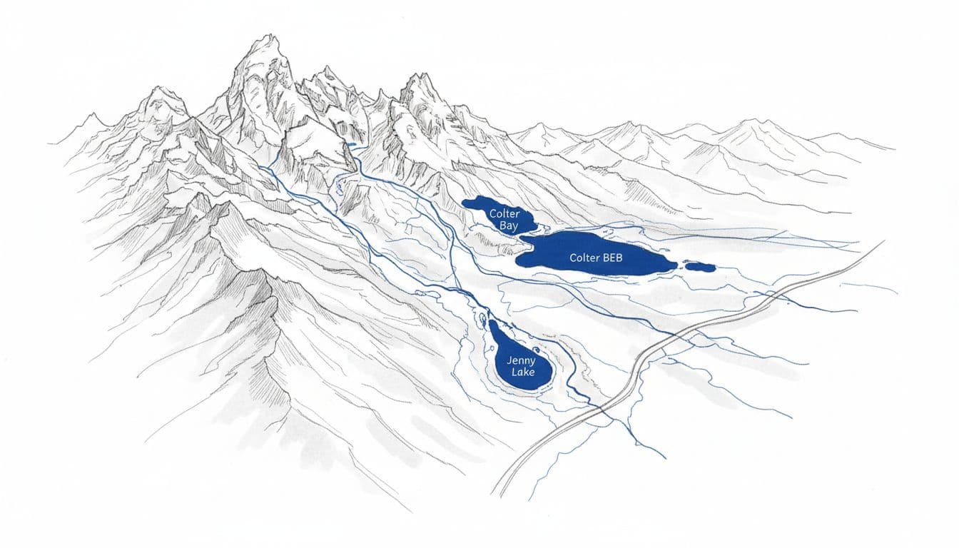 Hand-drawn graphite sketch of Grand Teton National Park map overview, highlighting key areas like Jenny Lake, Colter Bay, and Teton peaks with light shading, blue accents for lakes and trails on white background.