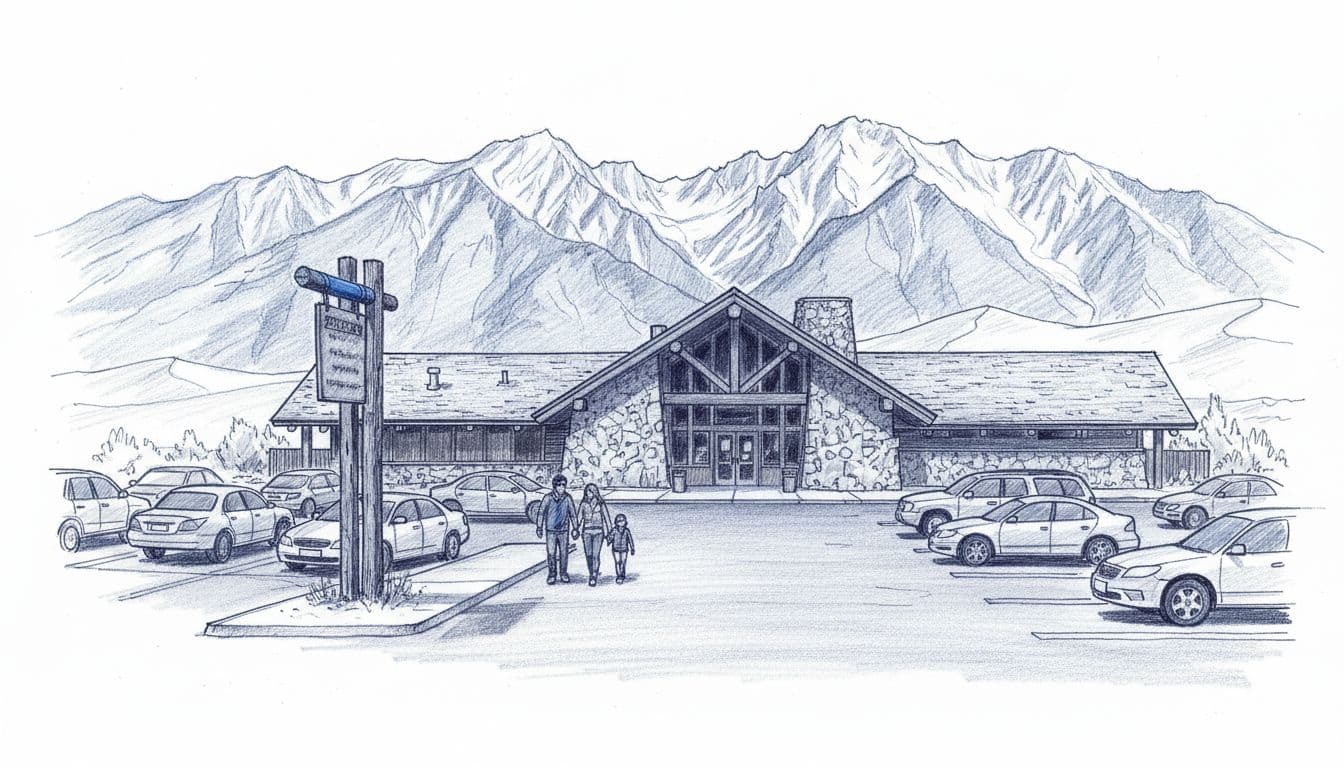 Hand-drawn graphite sketch of the Great Sand Dunes National Park visitor center entrance, showing parking lot with cars, Sangre de Cristo mountains backdrop, and one family of three walking in. Overview landscape scene with light shading in blues, grays, and blacks on white background.