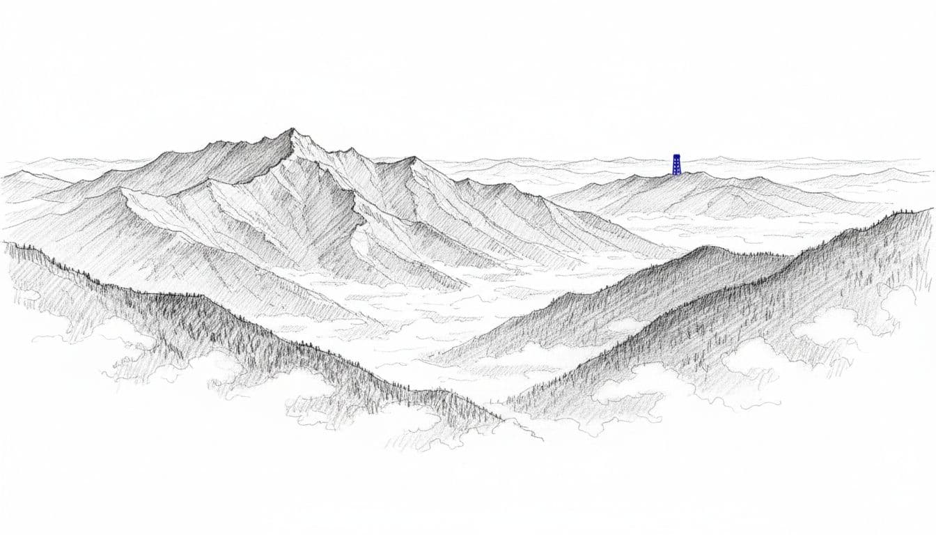 Hand-drawn graphite sketch of a panoramic mountain overlook in the Great Smoky Mountains with fog in the valleys below and a distant observation tower accented in blue on a crisp day. Features clean linework, light shading, serene landscape on white background, no people or text.