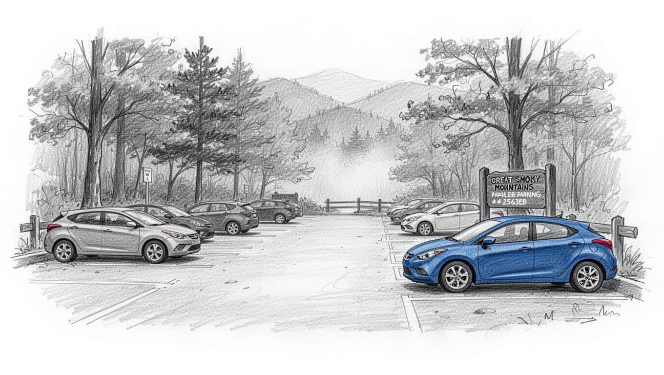 Hand-drawn graphite sketch of an early morning empty parking lot at a Great Smoky Mountains trailhead, showing cars, trees, and signpost with light shading, blues, grays, and a blue accent on a car door against a clean white background.