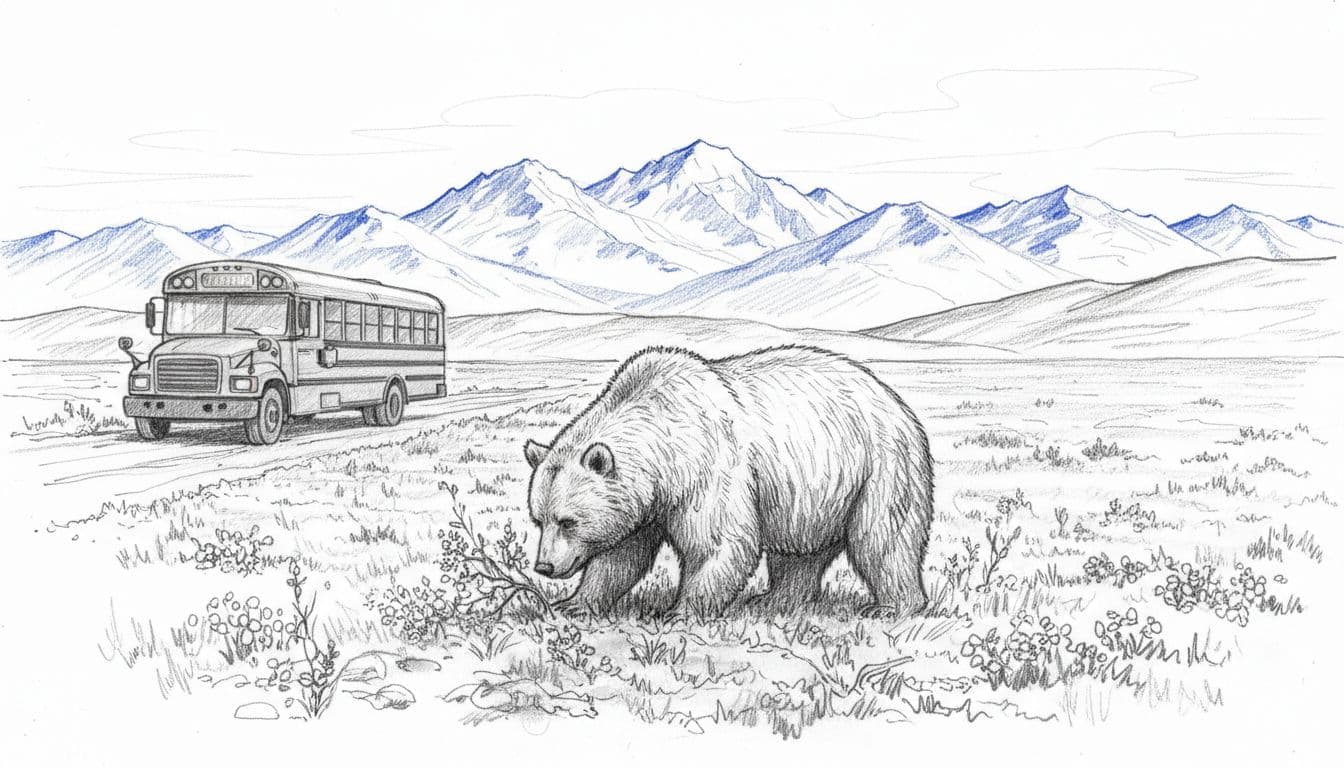 Hand-drawn graphite sketch of a grizzly bear foraging in the vast Denali tundra along the park road, with a single vehicle observing from a distance against a mountainous backdrop.