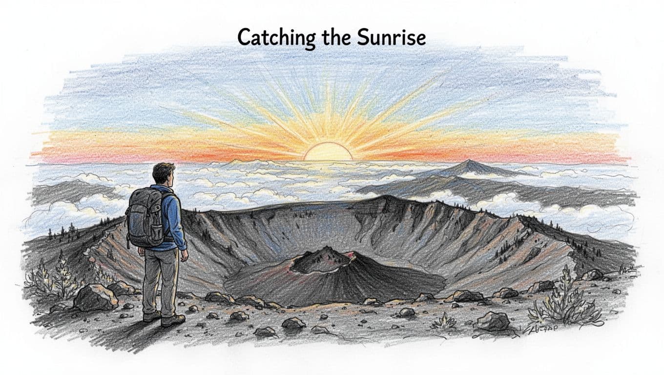 Hand-drawn graphite sketch of a solitary hiker with backpack standing relaxed at Haleakala crater rim at sunrise, overlooking vast volcanic crater, colorful dawn sky, and misty valleys.