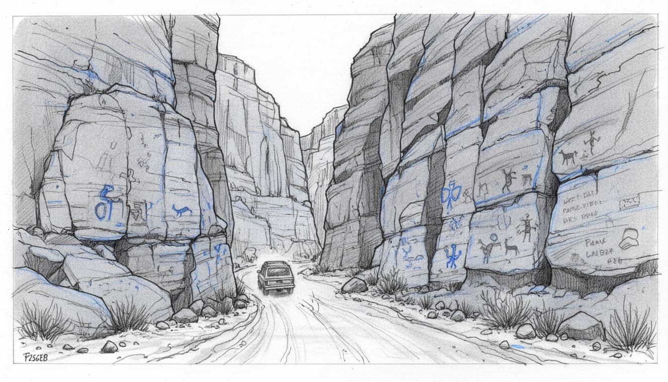 Hand-drawn graphite sketch of a narrow canyon road drive in Capitol Gorge, featuring ancient petroglyphs and historic inscriptions on cliff walls, sparse greenery, and a single vehicle passing by with light shading in blues, grays, and blacks.
