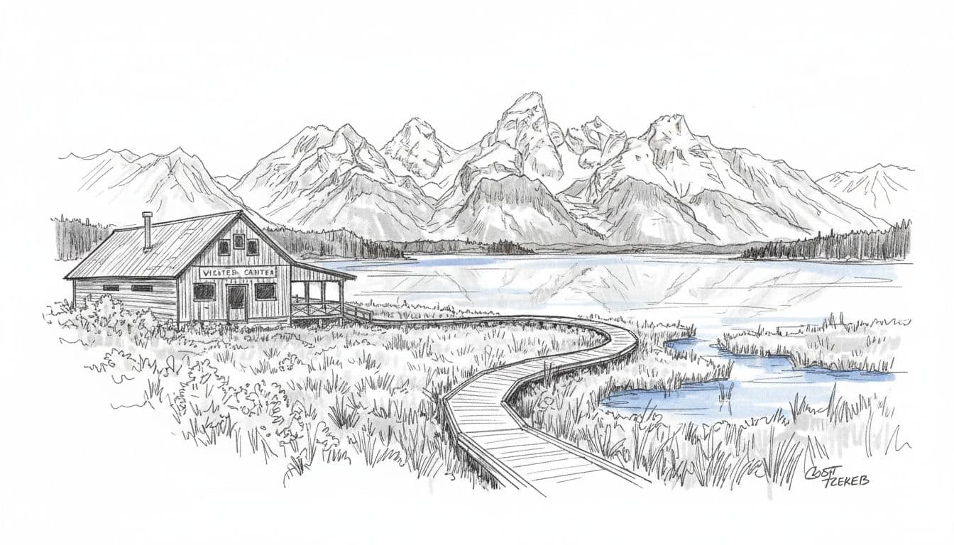 Hand-drawn graphite sketch of Colter Bay in Grand Teton National Park, illustrating the lakefront, visitor center, swamp trail, and peaceful Jackson Lake view with the Tetons. Features linework shading in blues and grays with accents for water and paths, evoking a serene, crowd-free setting.
