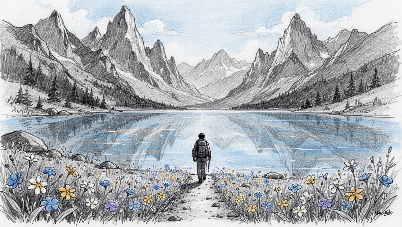 Hand-drawn graphite sketch illustration of Jenny Lake's crystal clear water reflecting towering jagged peaks in Wyoming's alpine scenery, with a foreground trail leading to the lakeshore amid wildflowers and a single hiker with backpack approaching.