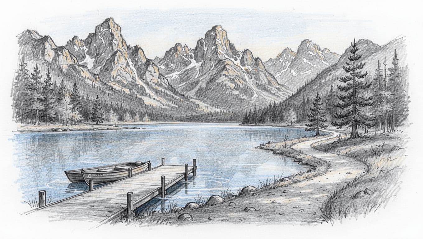 Hand-drawn graphite sketch of Jenny Lake area in Grand Teton National Park, featuring the serene lake, boat dock, trails to Hidden Falls and Inspiration Point, and majestic Teton mountains under morning light.